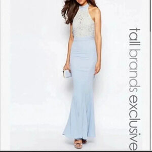 Elegant Blue Lace Halter Maxi Dress